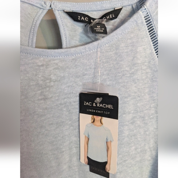 NWT Women's Zac & Rachel Chambray Blue Flutter Sleeve Linen Knit Top - Medium. - Picture 3 of 11